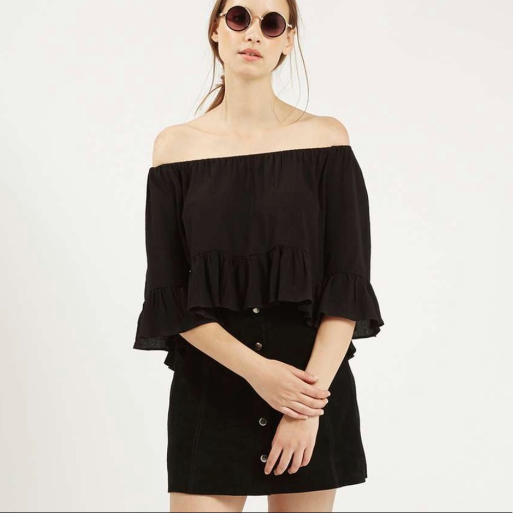 Topshop Crepe Ruffle Off the Shoulder Crop Top